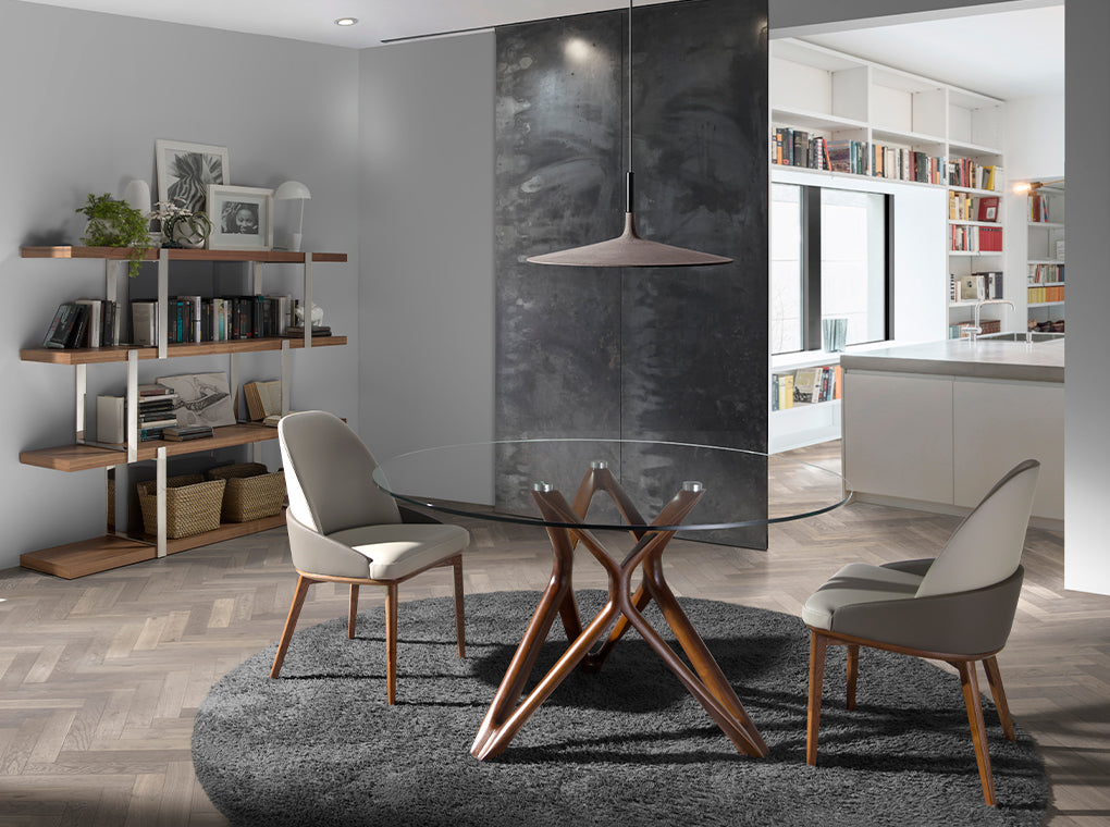 Mesa de comedor de roble con soporte metálico