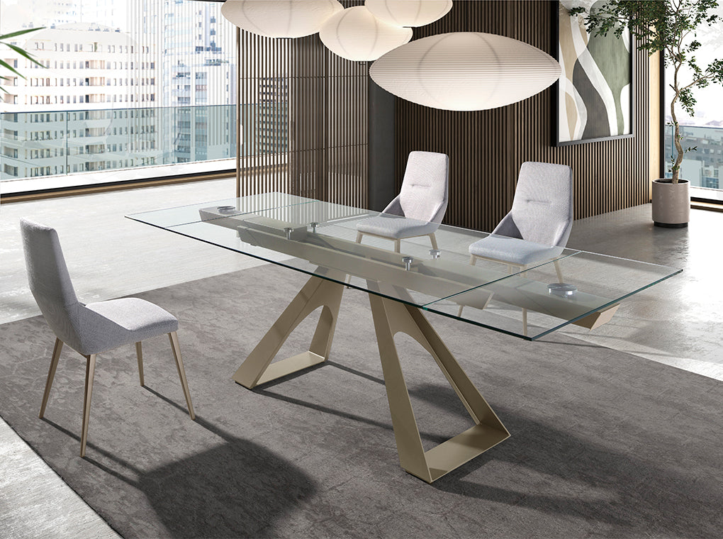Mesa de comedor de vidrio templado con patas de acero 160/240x100