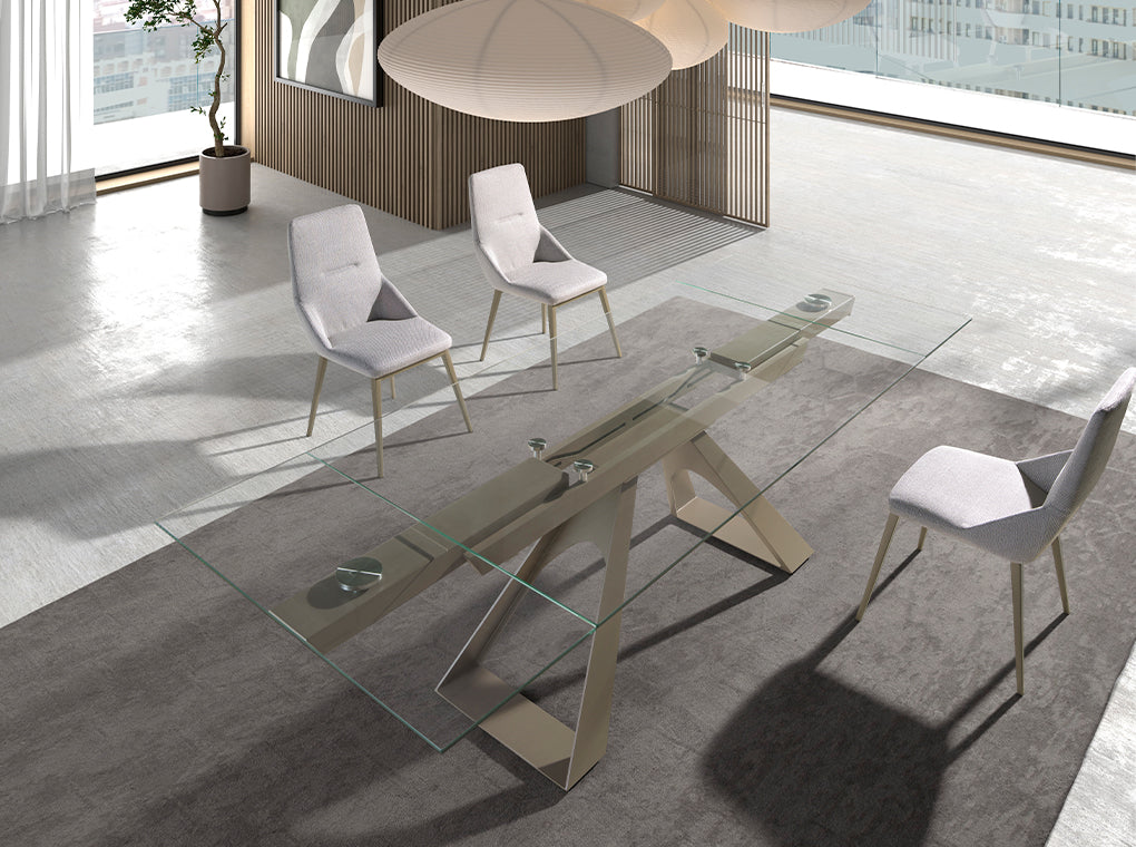 Mesa de comedor de vidrio templado con patas de acero 160/240x100