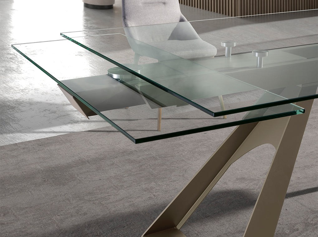 Mesa de comedor de vidrio templado con patas de acero 160/240x100
