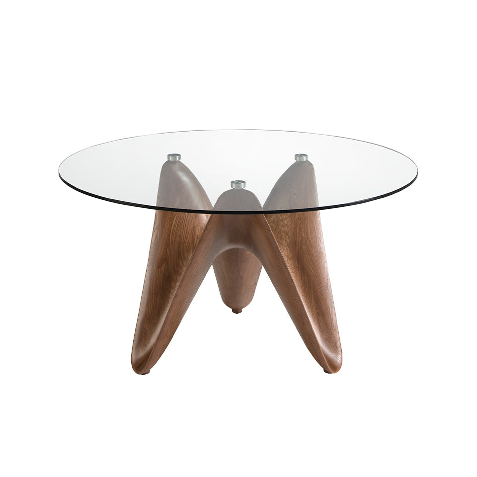 Mesa de comedor de vidrio templado con patas de nogal ø 150x75cm