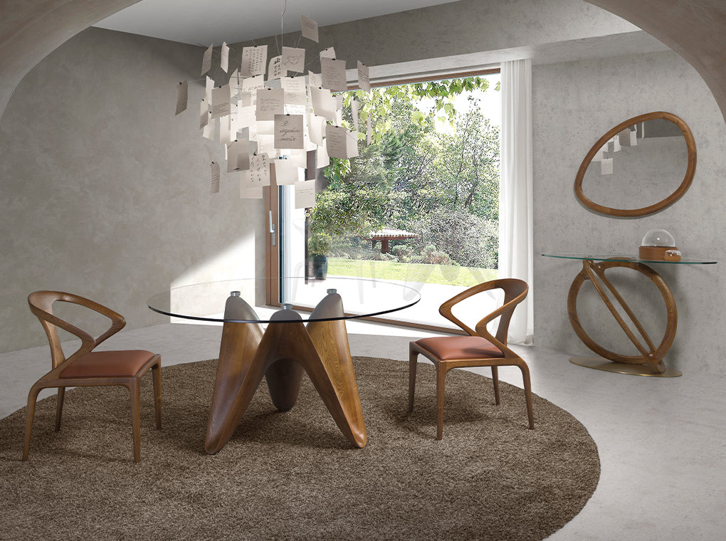 Mesa de comedor de vidrio templado con patas de nogal ø 150x75cm