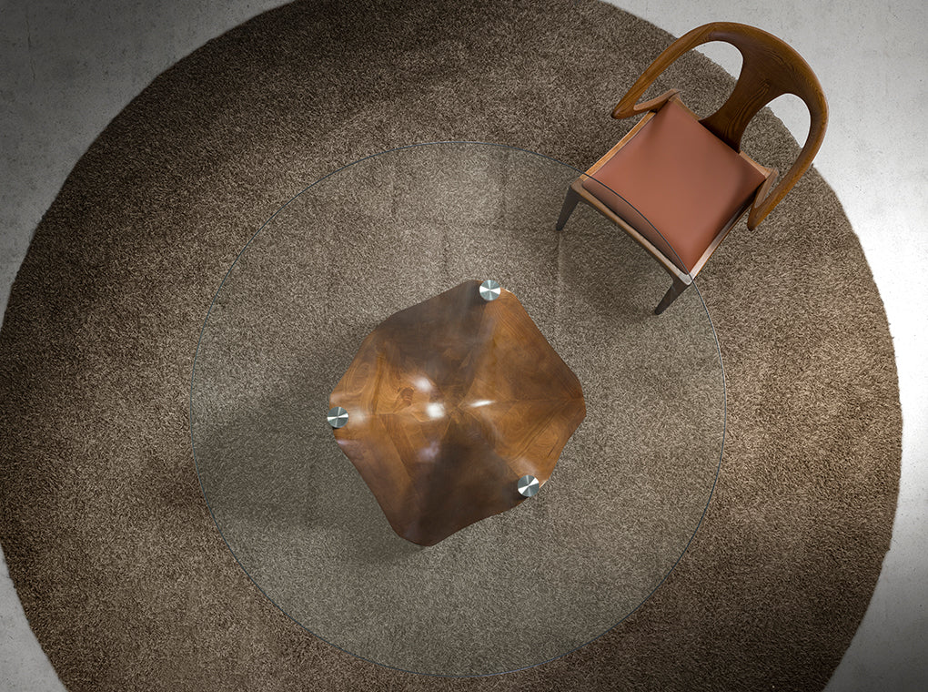 Mesa de comedor de vidrio templado con patas de nogal ø 150x75cm