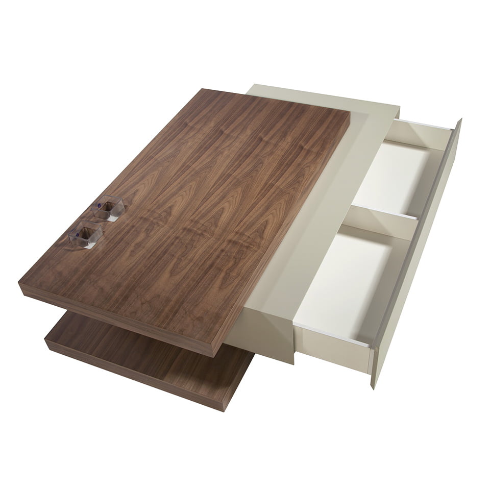 Mesa de café de nogal con cajón central y recipientes de vidrio Angel Cerdá