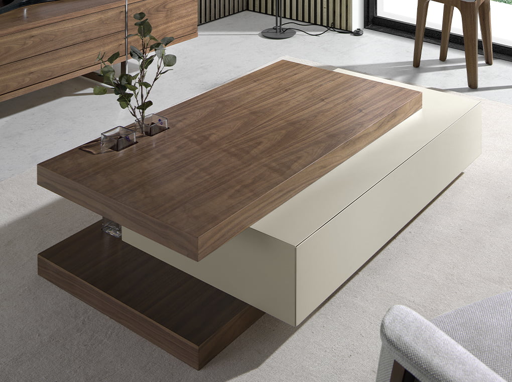 Mesa de café de nogal con cajón central y recipientes de vidrio Angel Cerdá