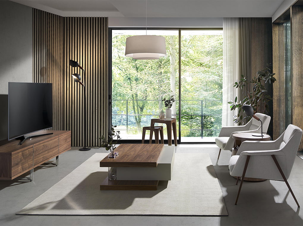 Mesa de café de nogal con cajón central y recipientes de vidrio Angel Cerdá