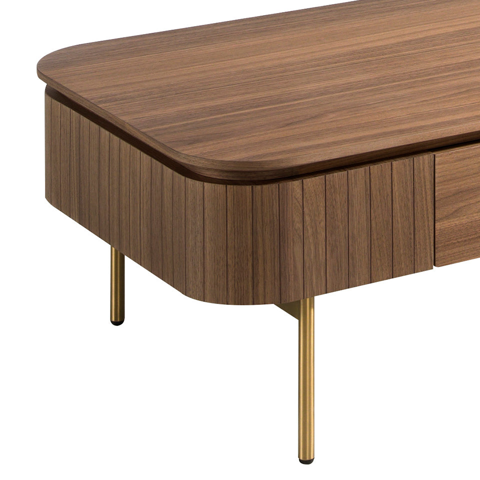 Mesa de café de nogal con soporte dorado