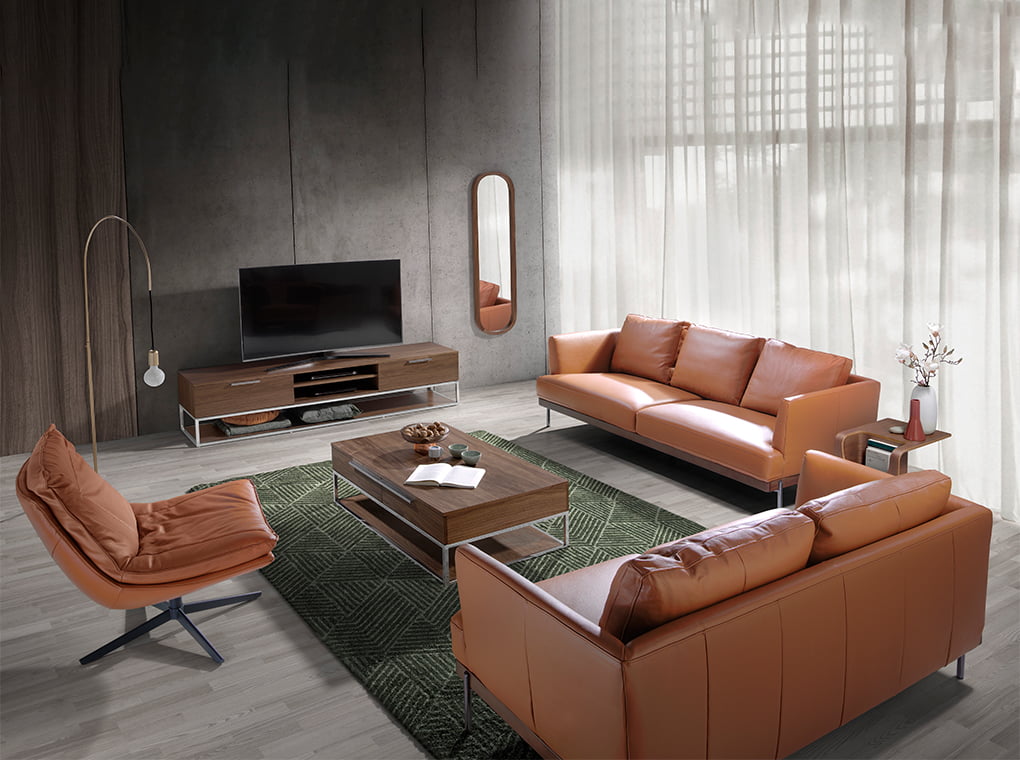 Mesa de café de nogal con estructura de acero cromado