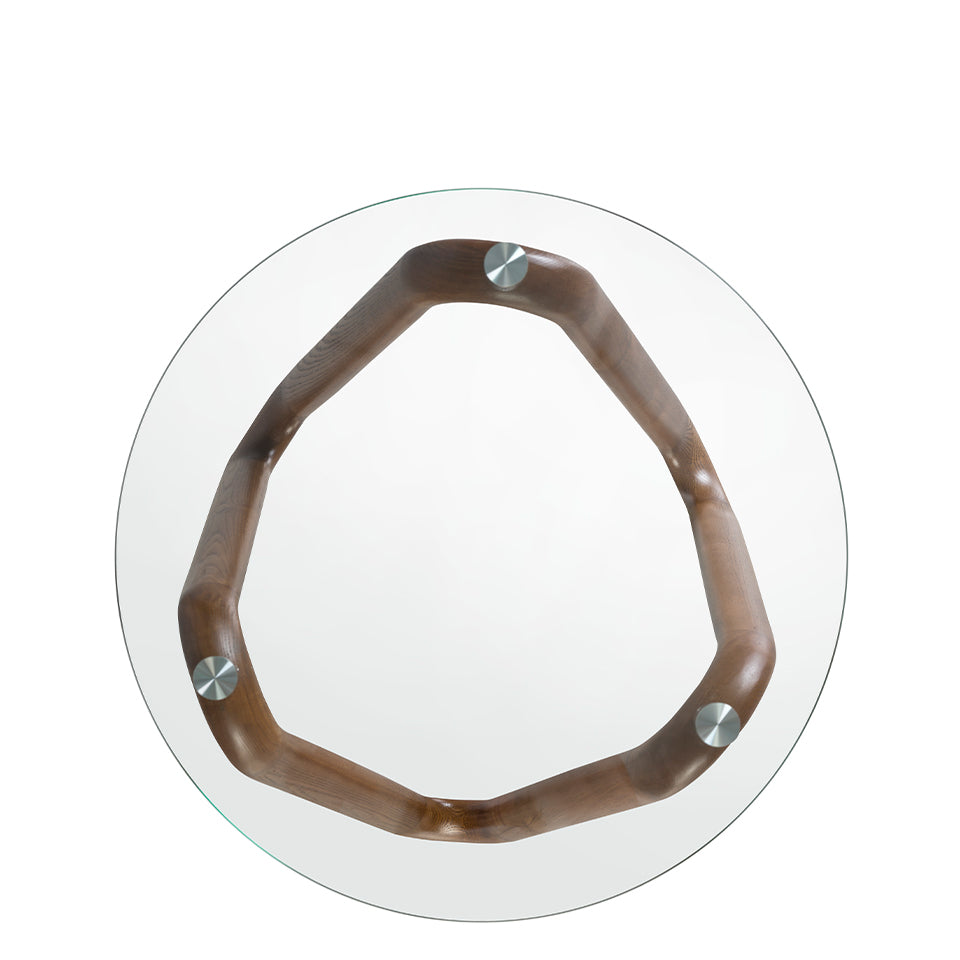 Mesa de café redonda de vidrio templado y nogal