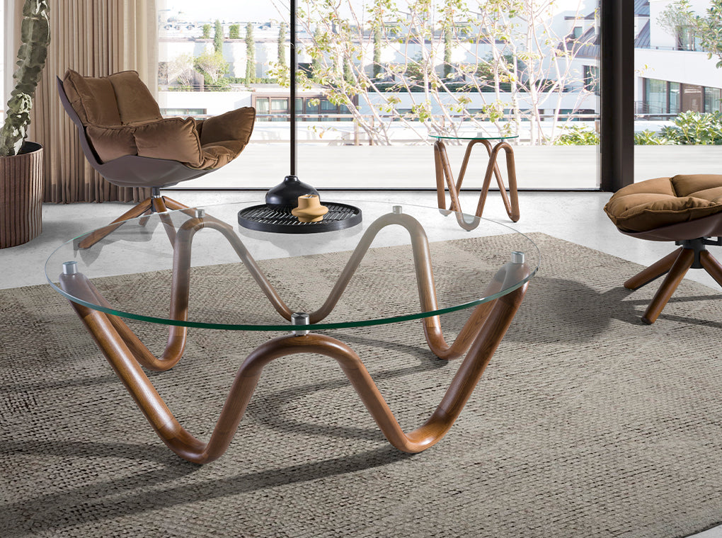 Mesa de café redonda de vidrio templado y nogal