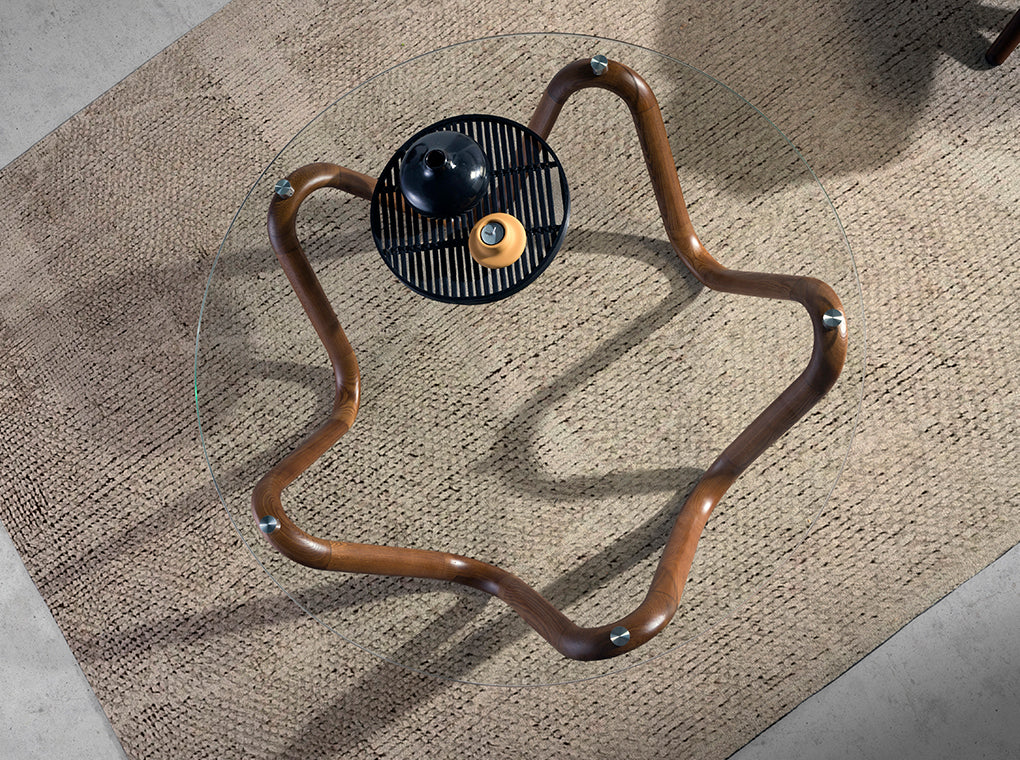 Mesa de café redonda de vidrio templado y nogal