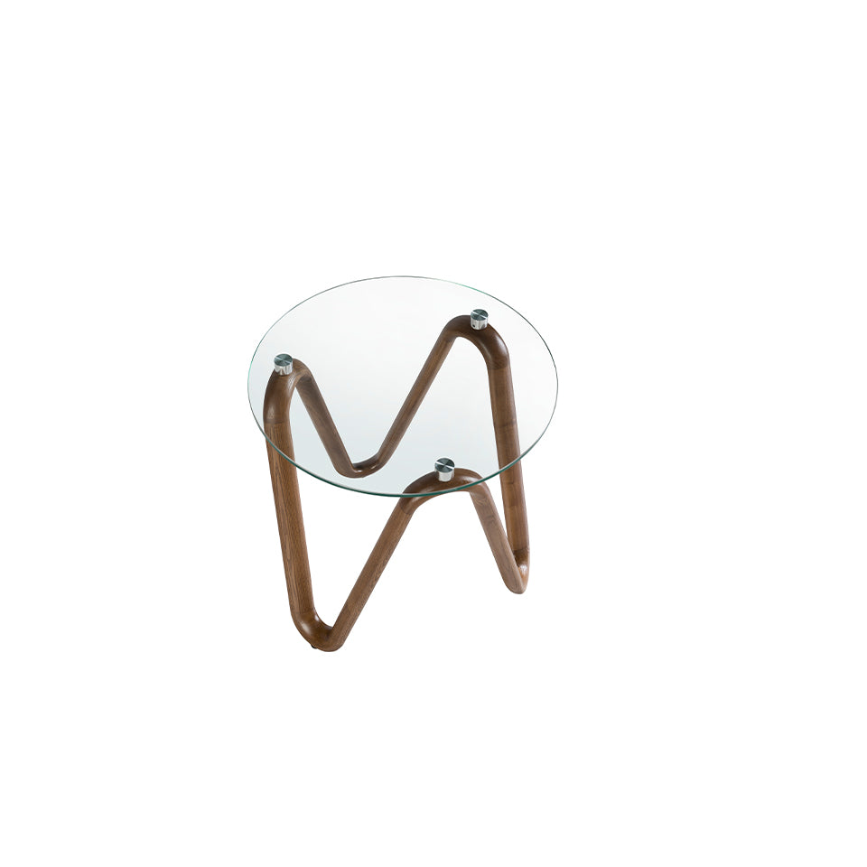 Mesa Lateral Redonda de Vidrio Templado y Nogal