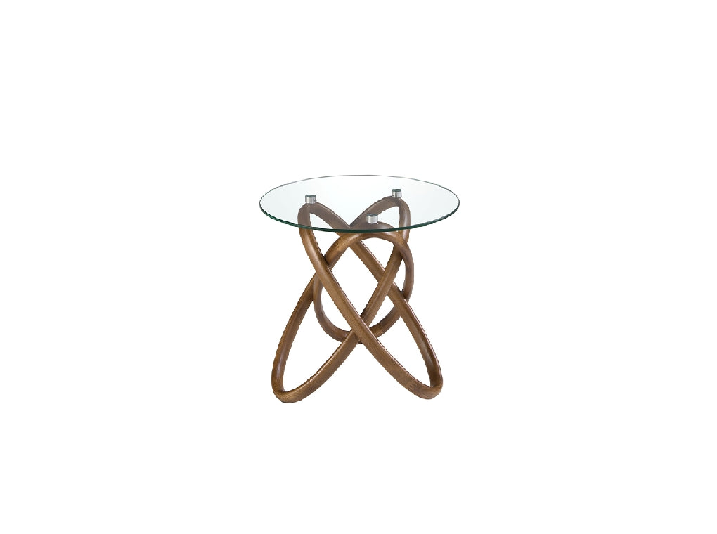 Mesa Lateral Redonda de Vidrio Templado y Madera de Nogal