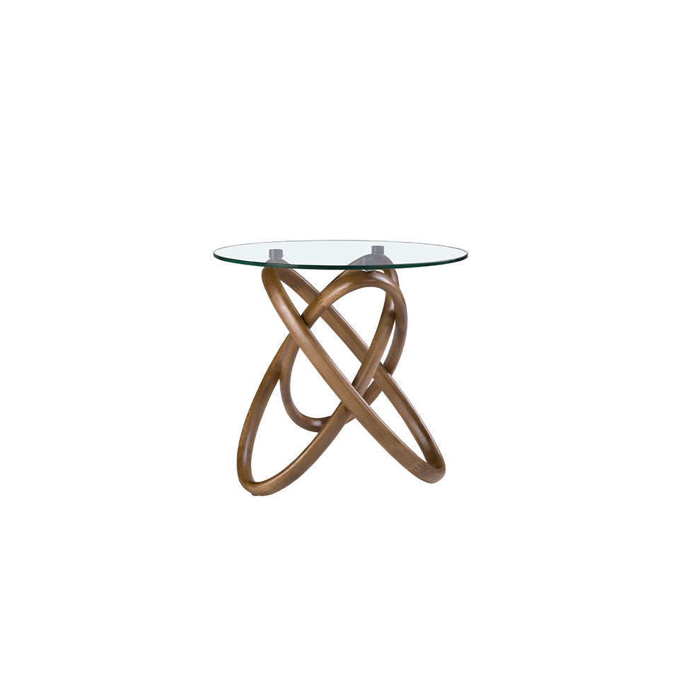 Mesa Lateral Redonda de Vidrio Templado y Madera de Nogal