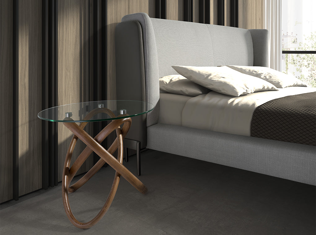 Mesa Lateral Redonda de Vidrio Templado y Madera de Nogal