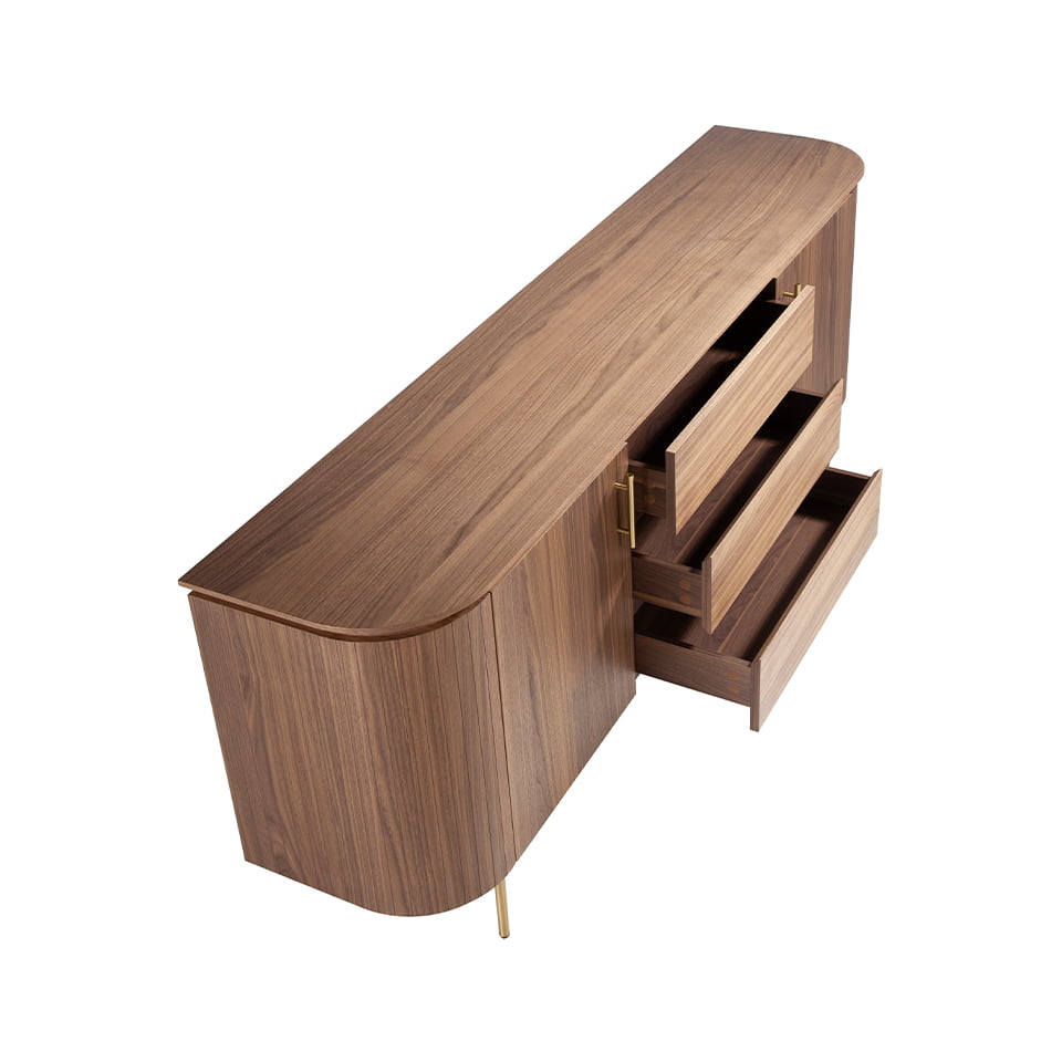 Cómoda de madera de nogal con soporte metálico