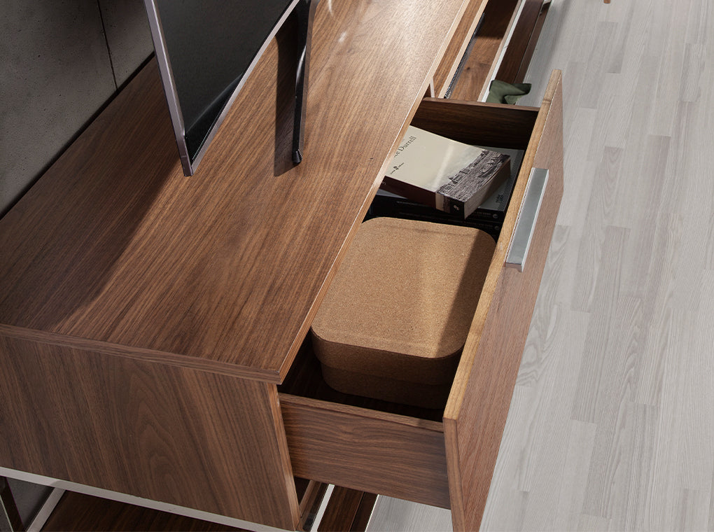 Cómoda de TV de Nogal con estructura de acero cromado