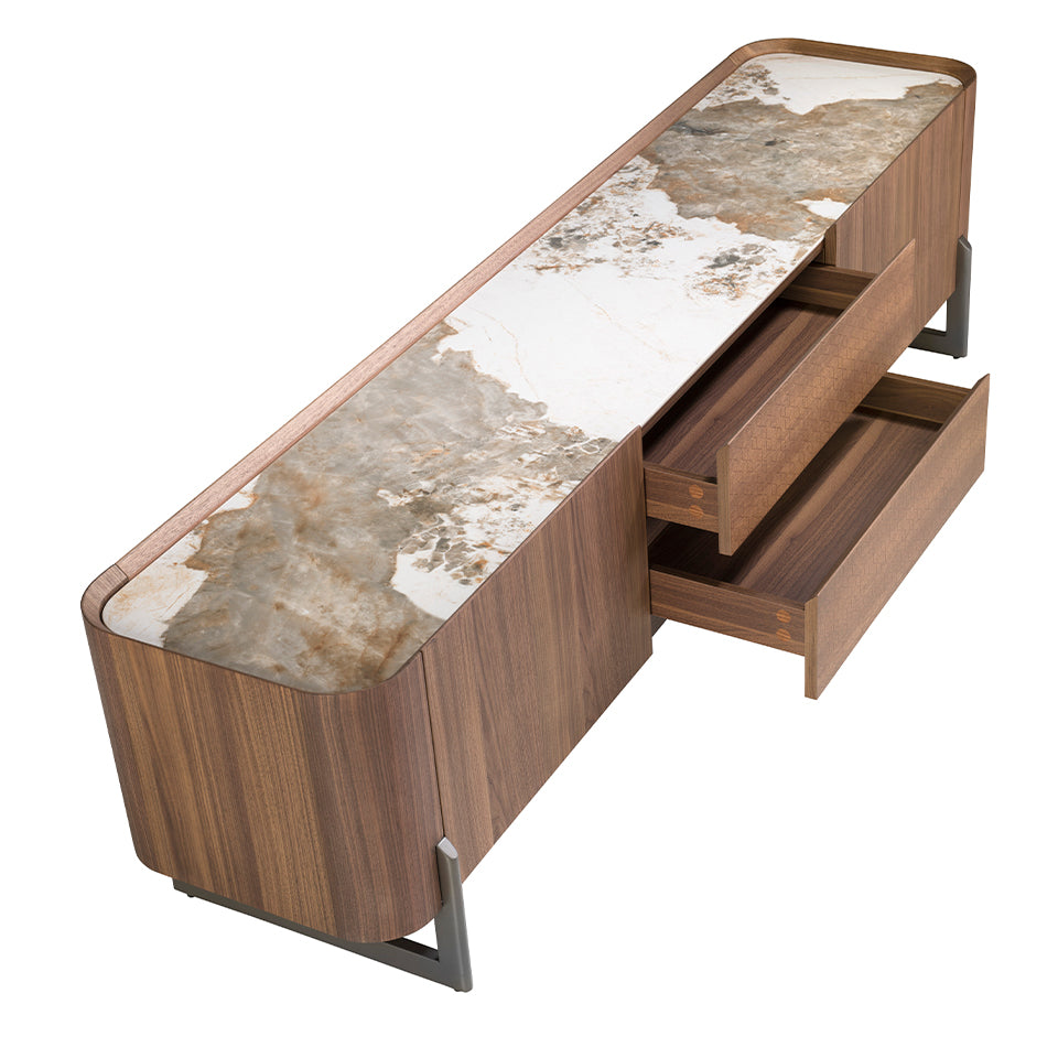 Cómoda de TV de Nogal y Acero Metalizado con Tablero de Mármol Porcelanizado Angel Cerdá