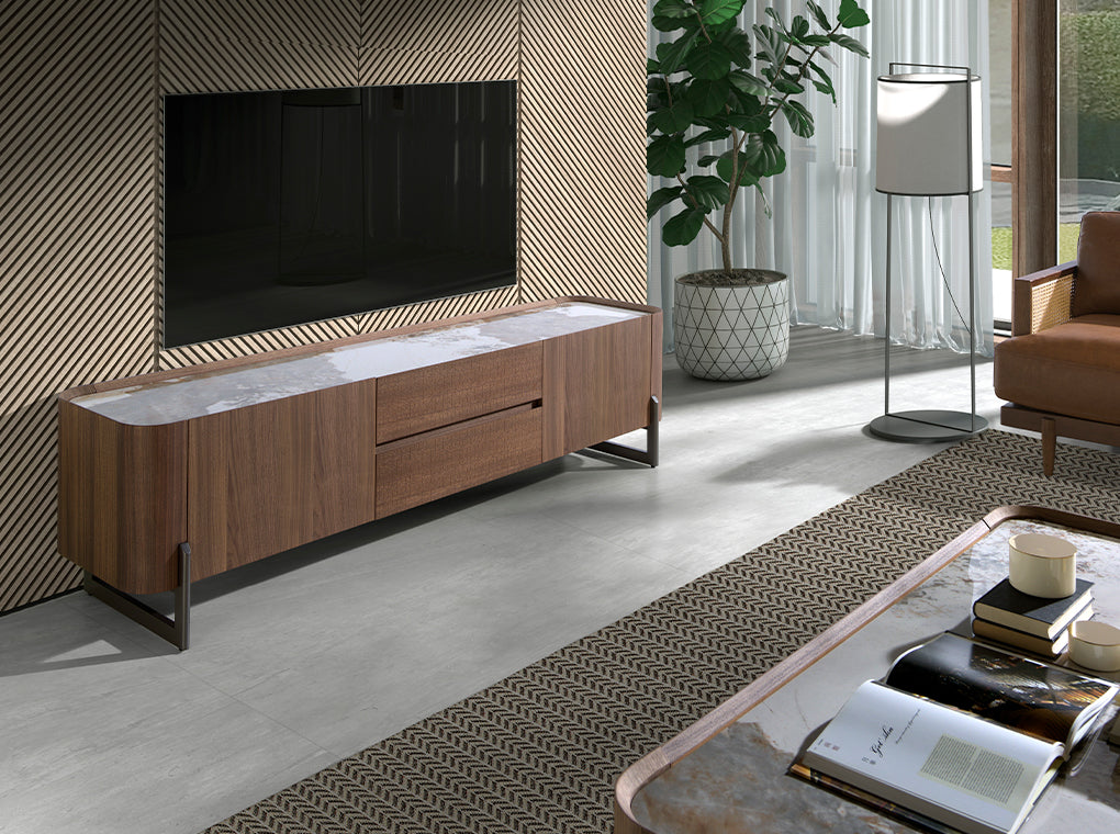 Cómoda de TV de Nogal y Acero Metalizado con Tablero de Mármol Porcelanizado Angel Cerdá