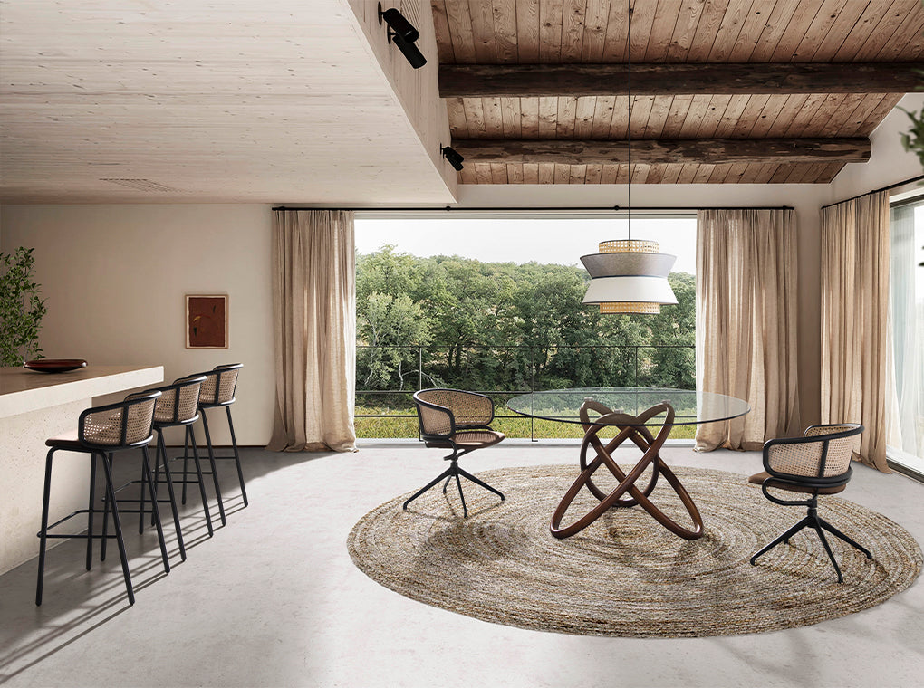 Silla de Bar de Terciopelo Marrón y Mimbre con Patas de Acero Angel Cerdá