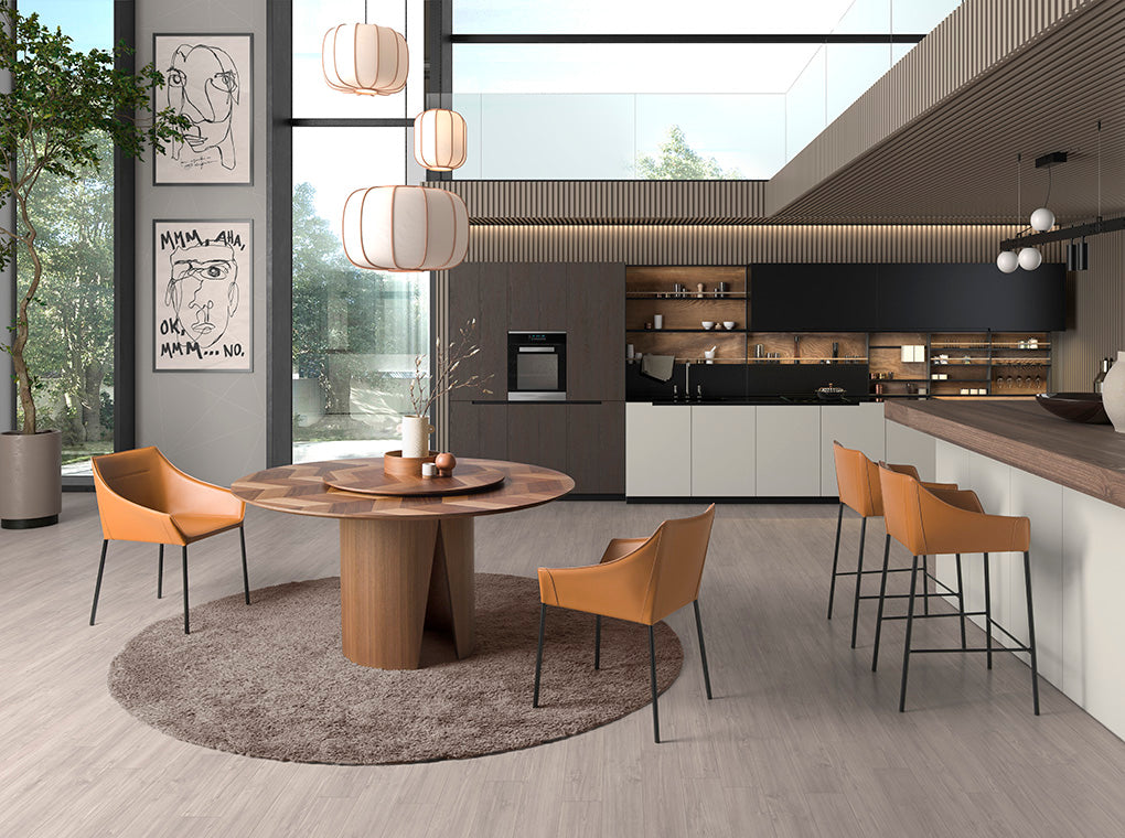 Taburete de bar de piel ecológica marrón con patas de acero negro Angel Cerdá.