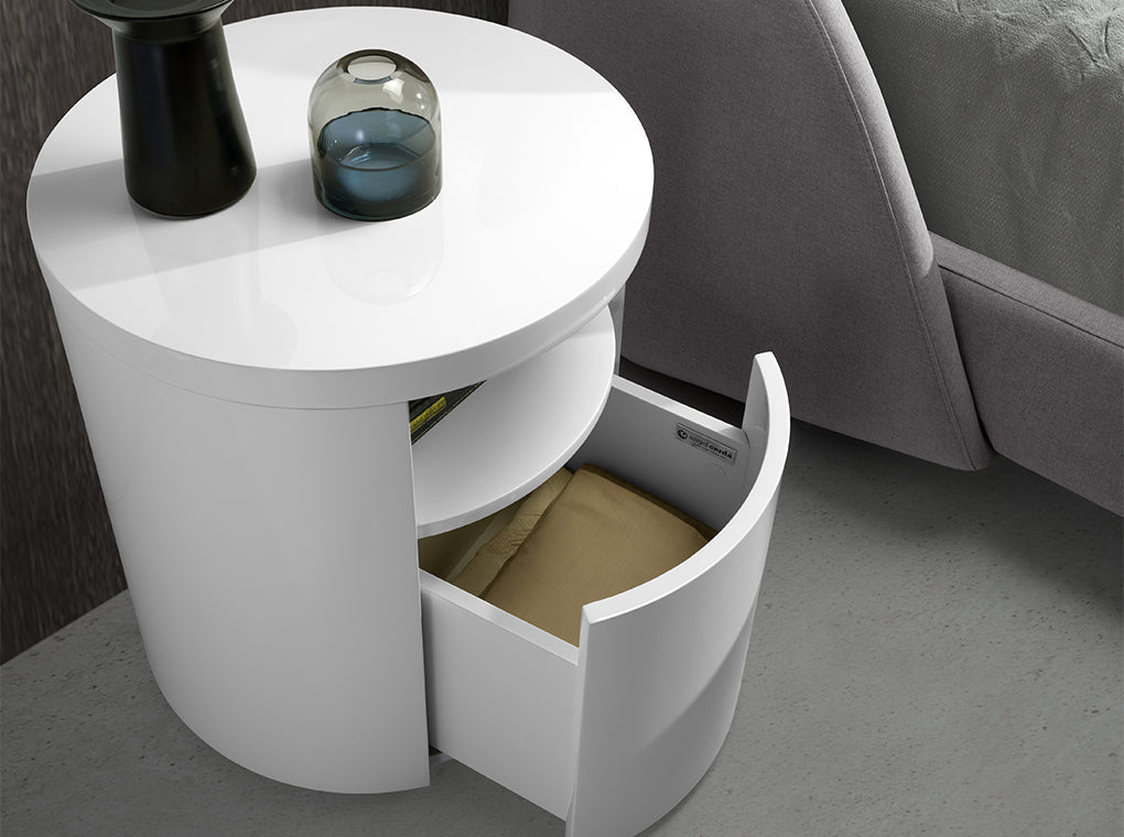 Mesa de noche redonda blanca con cajón de cierre suave Angel Cerdá