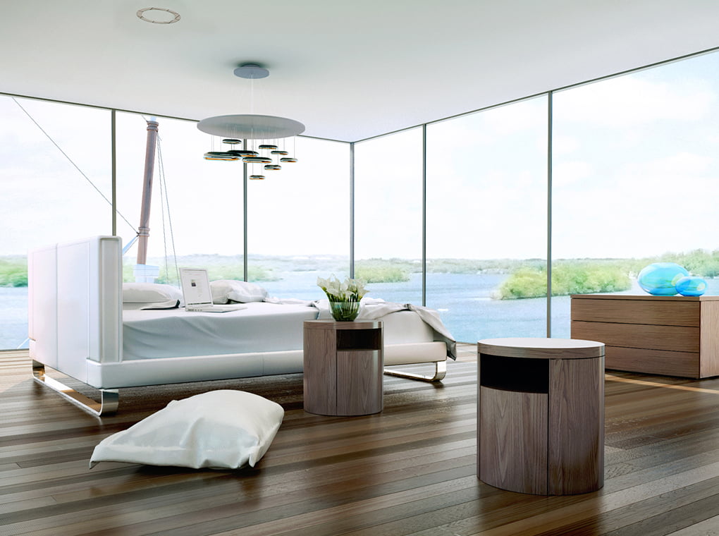 La cama tapizada en piel ecológica blanca de Angel Cerdá