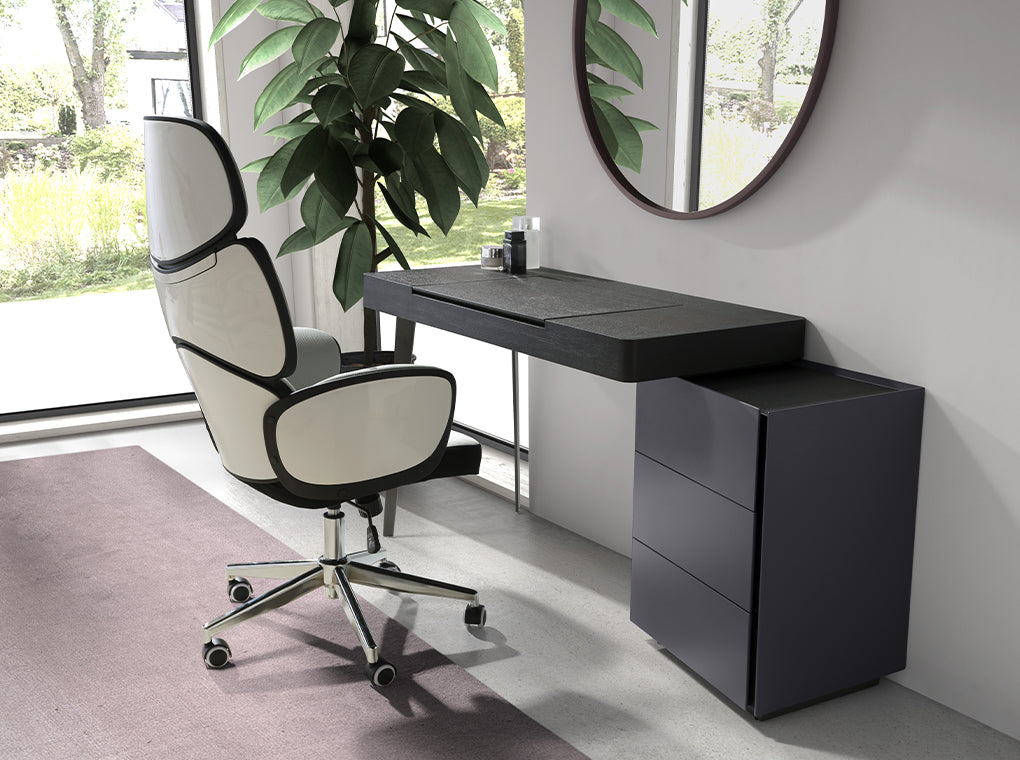 Mesita de tocador negra con espejo plegable y cajones