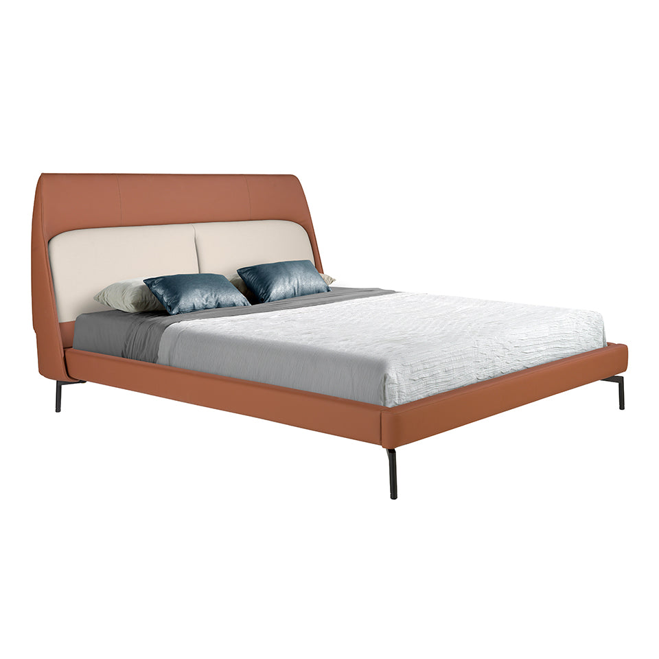 Cama tapizada en piel ecológica marrón y blanca