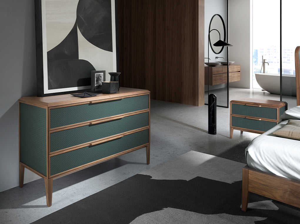 Cómoda con cajones de PVC verde oscuro y nogal