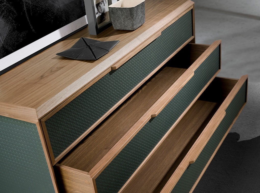 Cómoda con cajones de PVC verde oscuro y nogal