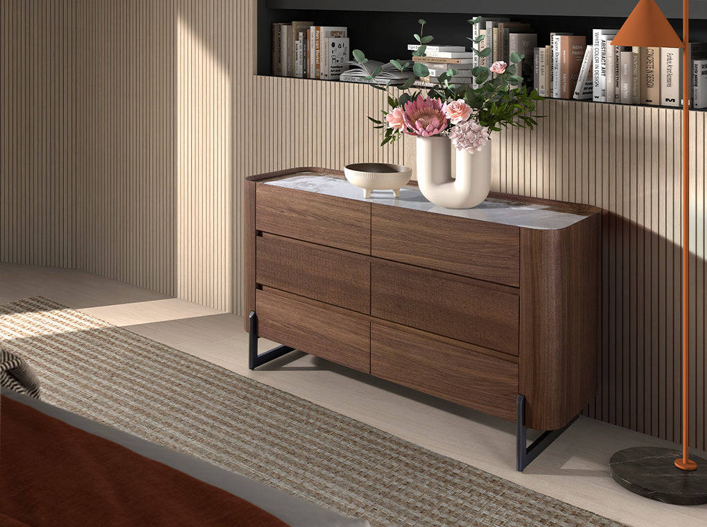 Cómoda de Nogal con Cajones y Soporte de Acero