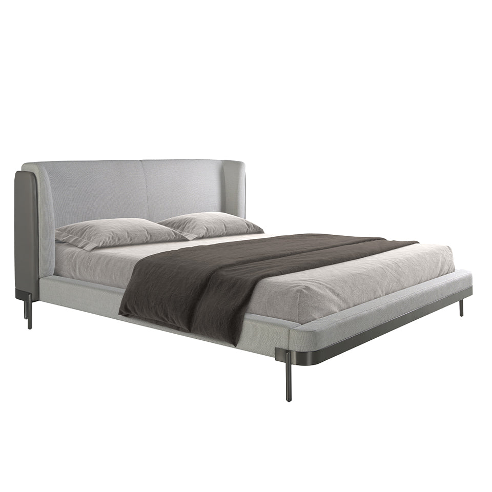 Cama doble de material gris y piel ecológica
