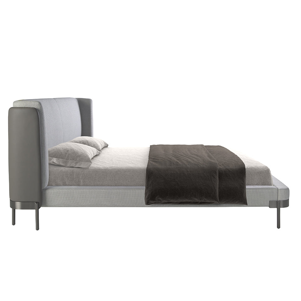 Cama doble de material gris y piel ecológica