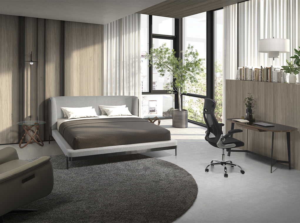 Cama doble de material gris y piel ecológica