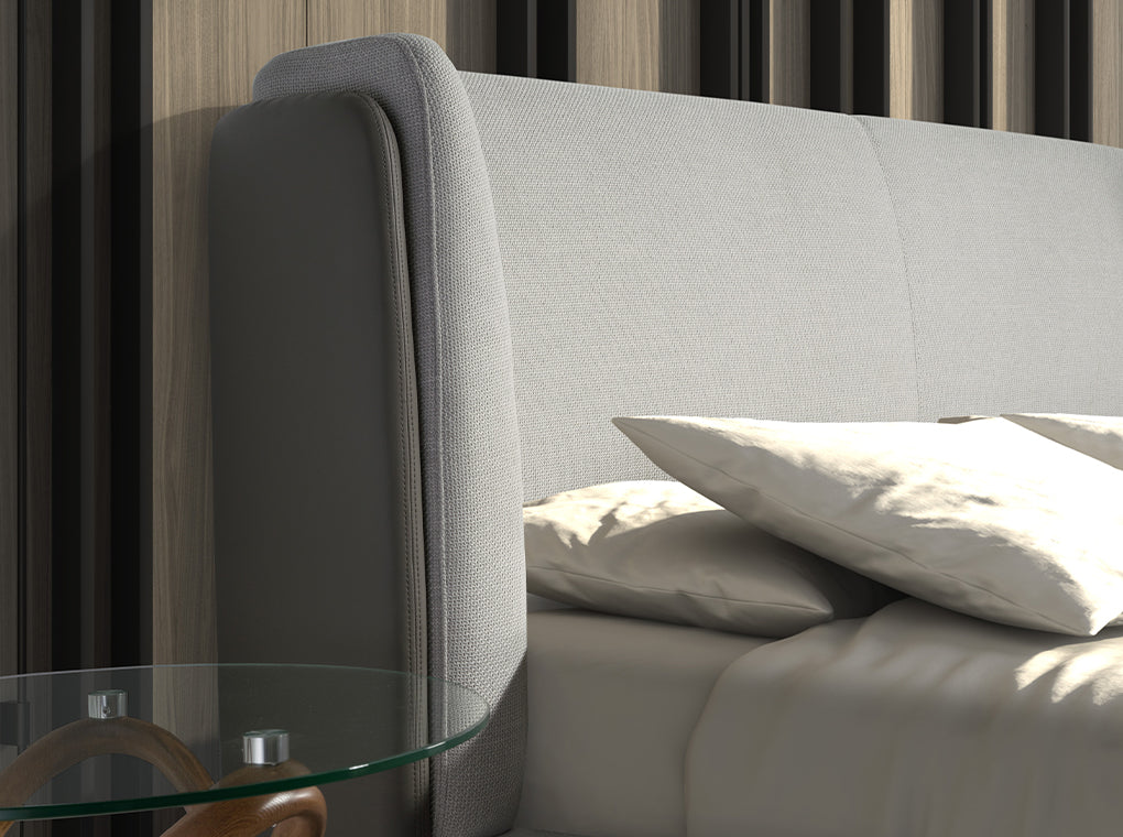 Cama doble de material gris y piel ecológica