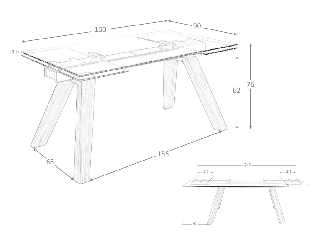 Mesa de comedor extensible de vidrio templado 160/240x90cm