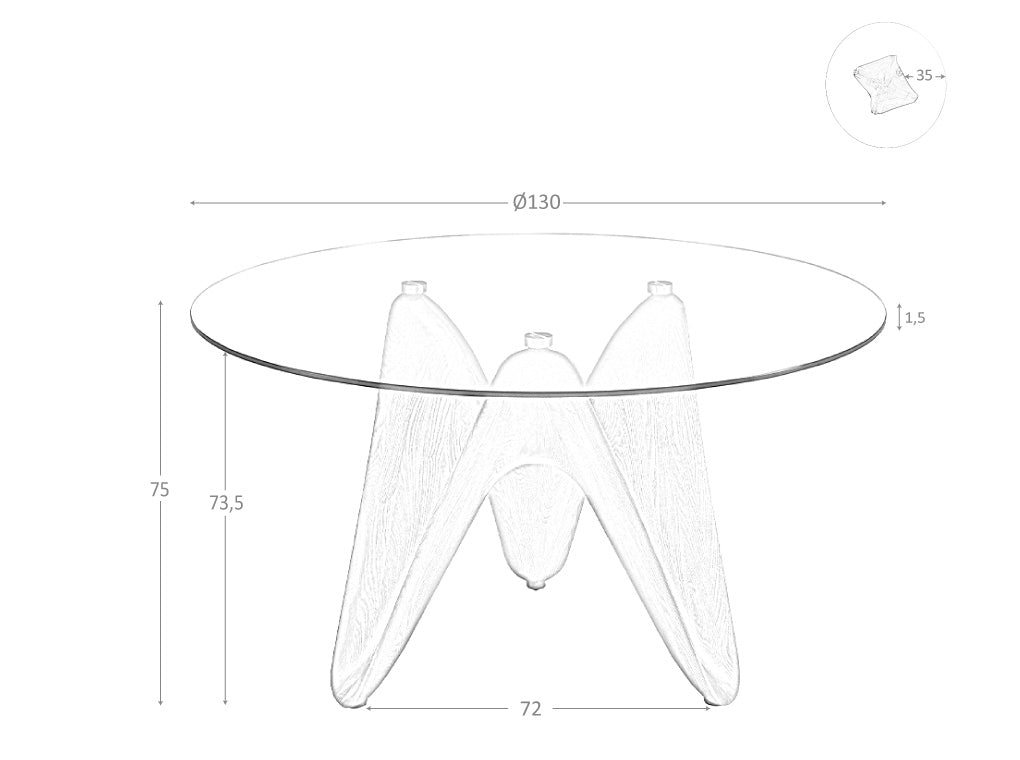 Mesa de comedor de vidrio templado con patas de nogal ø 130cm Angel Cerdá