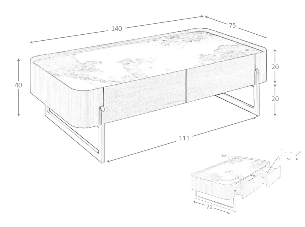 Mesa de café de roble con soporte metálico