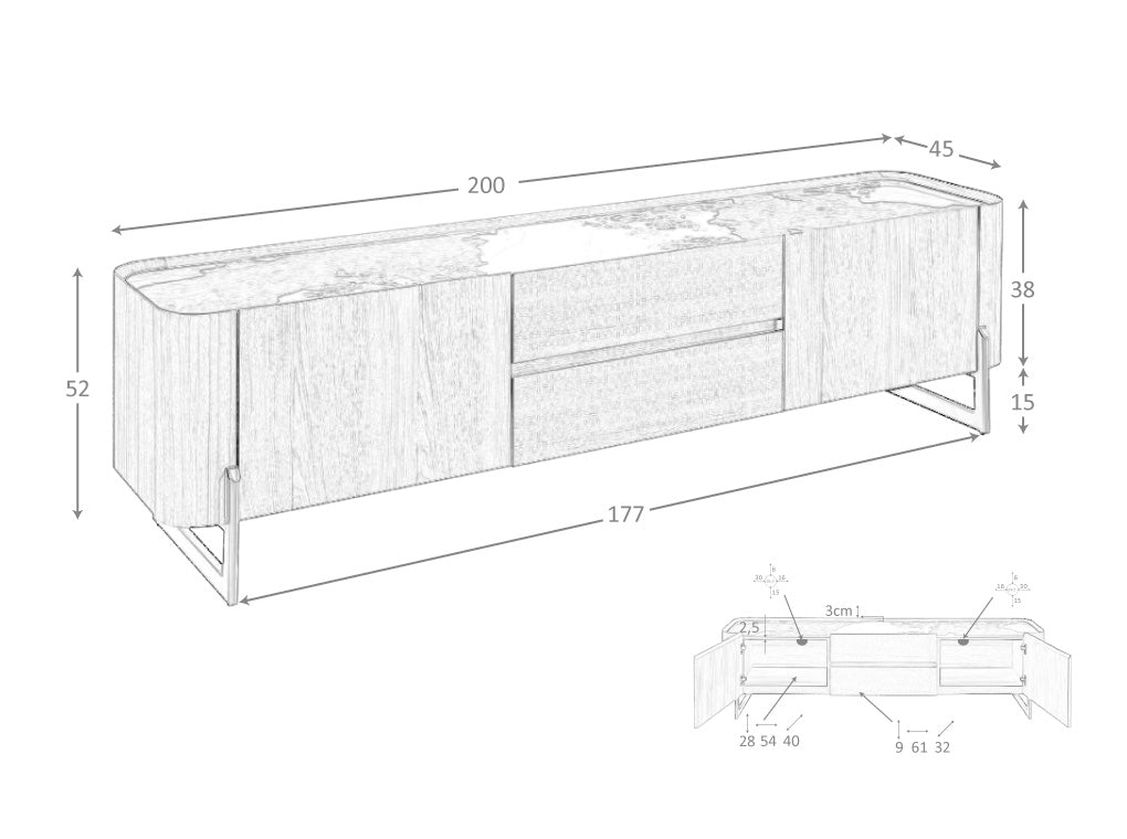 Cómoda de TV de Nogal y Acero Metalizado con Tablero de Mármol Porcelanizado Angel Cerdá