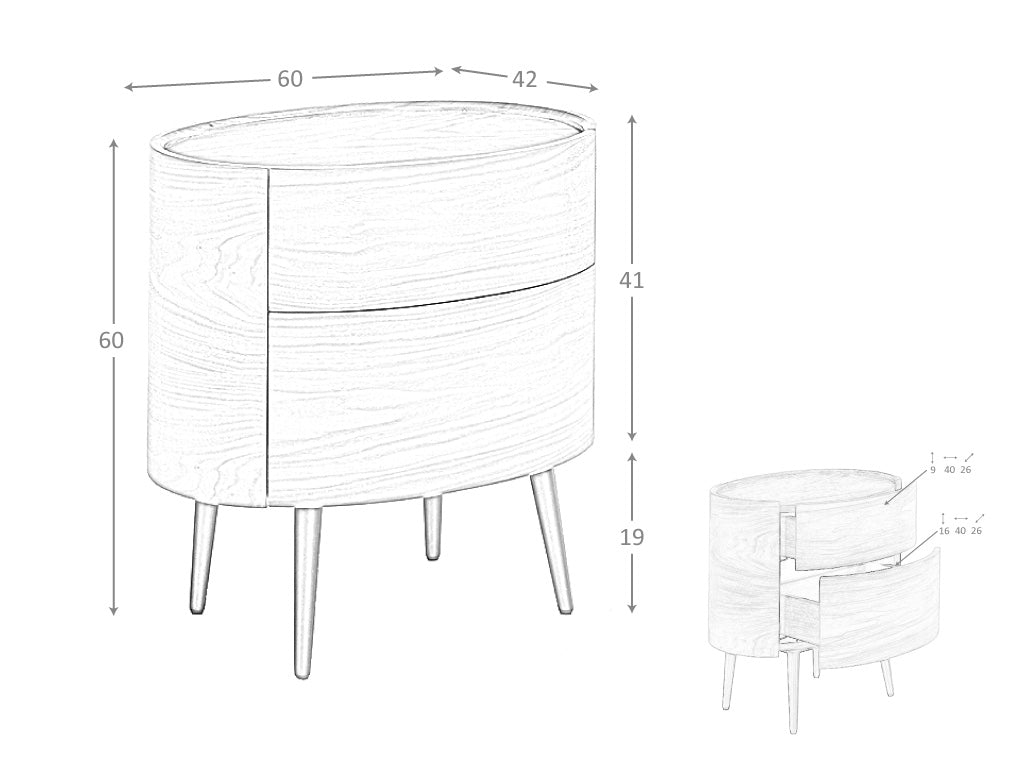 Mesa de noche ovalada de nogal con patas de acero inoxidable Angel Cerdá.