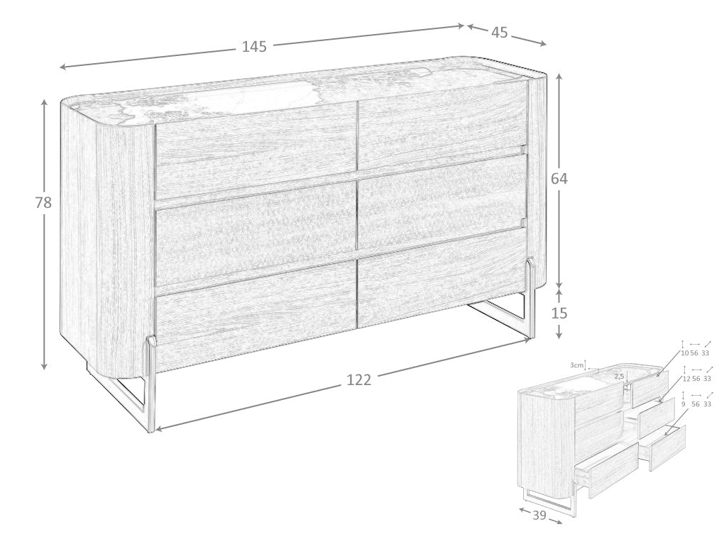 Cómoda de Nogal con Cajones y Soporte de Acero