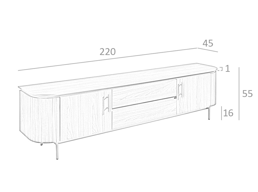 Cómoda de TV de madera de nogal y acero dorado