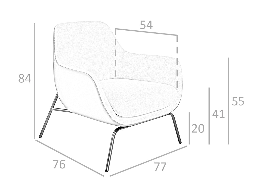 Sillón tapizado con material textil y piel ecológica con estructura de acero negro