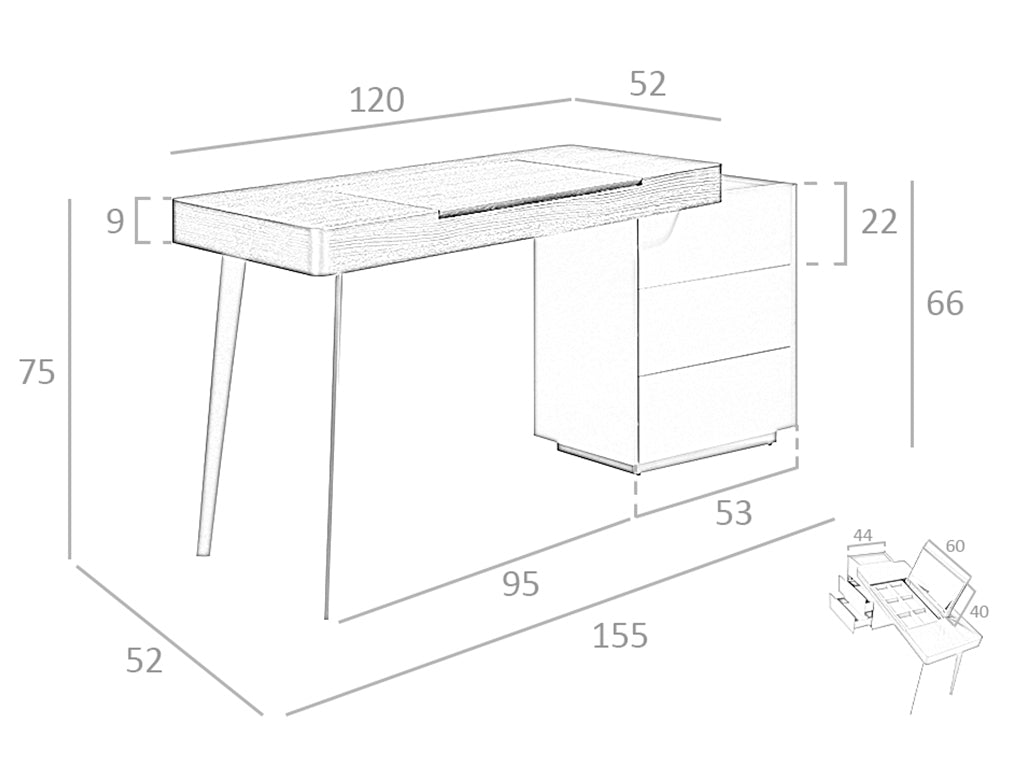 Mesita de tocador negra con espejo plegable y cajones