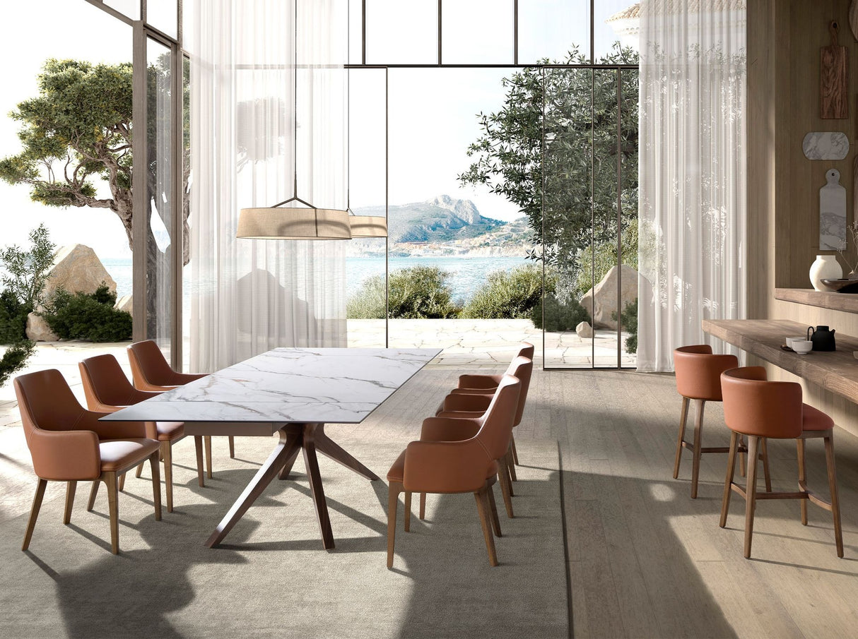 Taburete moderno marrón en polipiel y madera nogal | Luxet.es