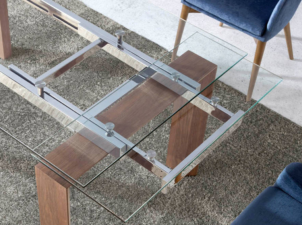 Mesa de comedor extensible de vidrio con patas de nogal 160x90cm Angel Cerdá
