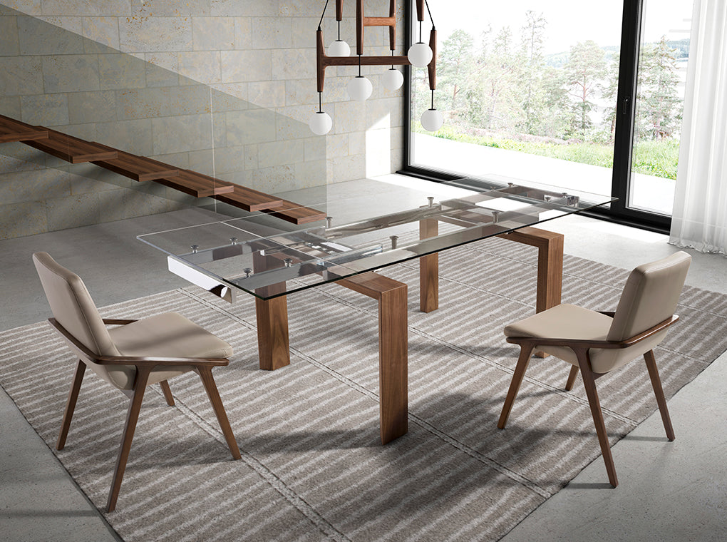 Mesa de comedor extensible de vidrio con patas de nogal 160x90cm Angel Cerdá