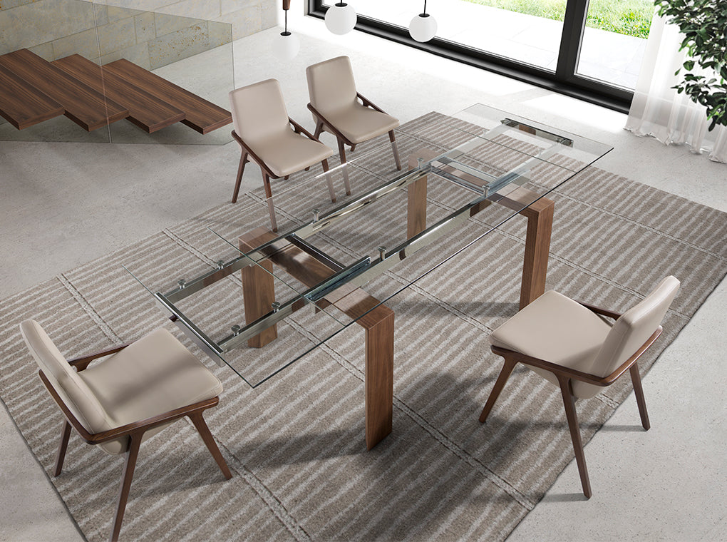 Mesa de comedor extensible de vidrio con patas de nogal 160x90cm Angel Cerdá
