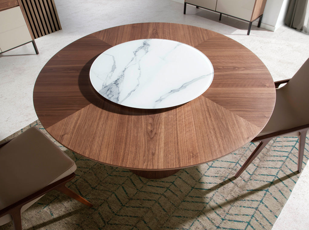 Mesa de comedor redonda de nogal con centro giratorio de porcelana ø150cm Angel Cerdá